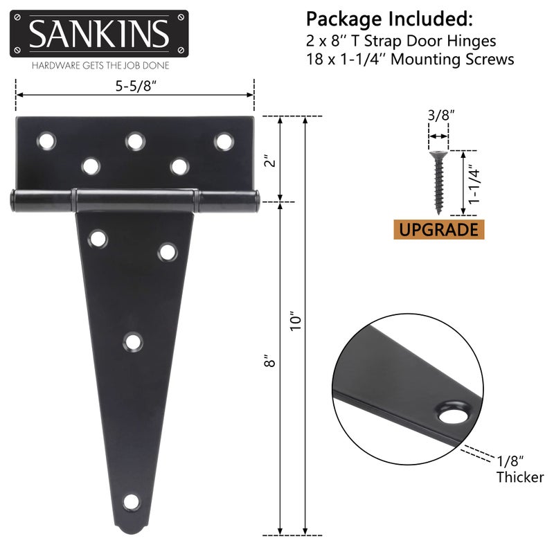 SANKINS مفصلات باب سقيفة على شكل حرف T مقاس 8 بوصة من SANKINS شديدة التحمل، مفصل تي شيرت أسود للأسوار الخشبية، باب الفناء، بوابات باب الحظيرة، أجهزة مطاوع مقاومة للصدأ، قطعتان - Image 2